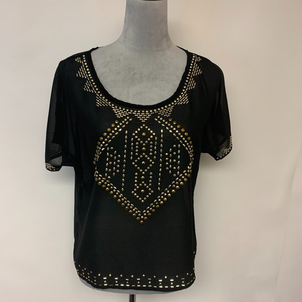 Sheer Womens Blouse Black Sheer Dark Romantic Festival Goth Glam Beaded SZ M